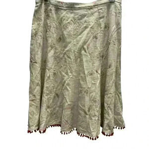 PORTRAIT VINTAGE A-LINE LINEN SKIRT WITH EMBROIDERED FLOWERS & BEADED HEM